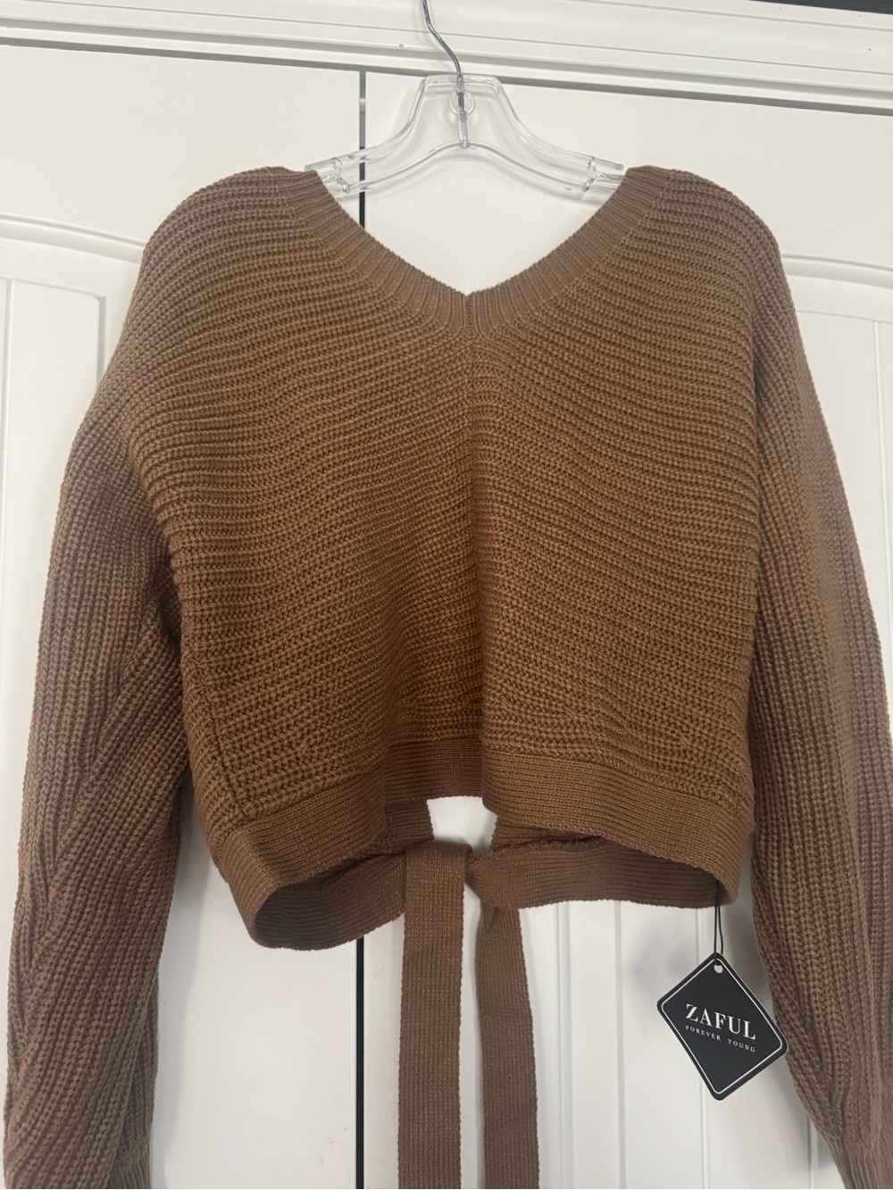 Zaful Chocolate Brown V-Neck Tie-Front Cropped Sweater